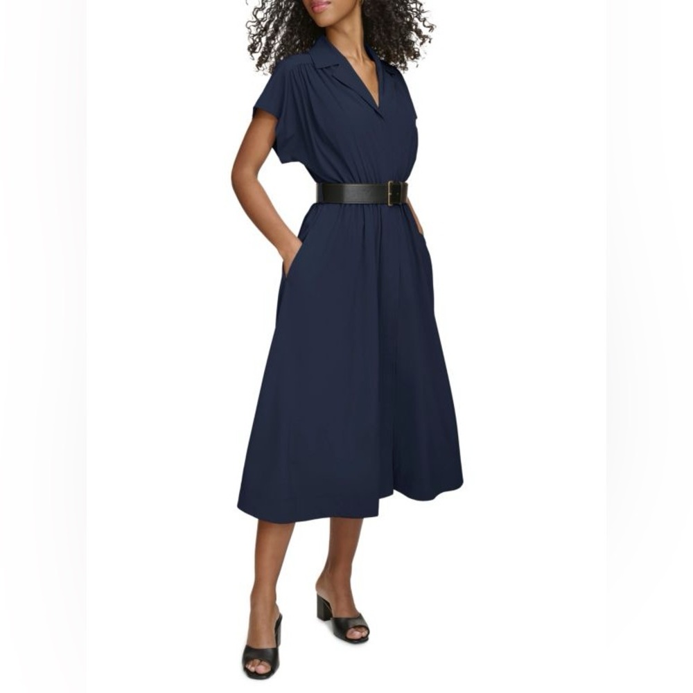$134 NWOT Calvin Klein commuter Belted Cap-Sleeve Midi Dress in twilight 12